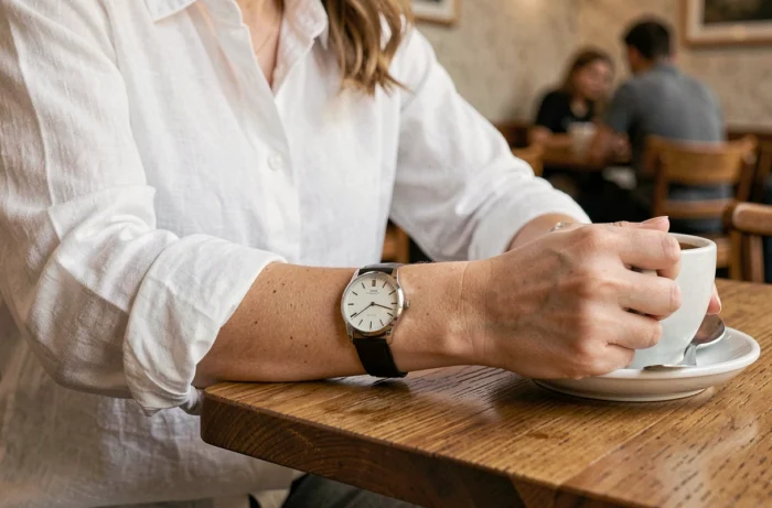 Femme portant sa montre analogique côté intérieur du poignet dans un café parisien