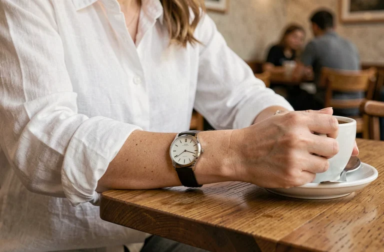 Femme portant sa montre analogique côté intérieur du poignet dans un café parisien