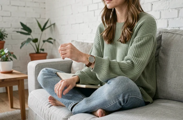 Jeune femme assise portant une montre vintage côté intérieur du poignet dans un salon scandinave