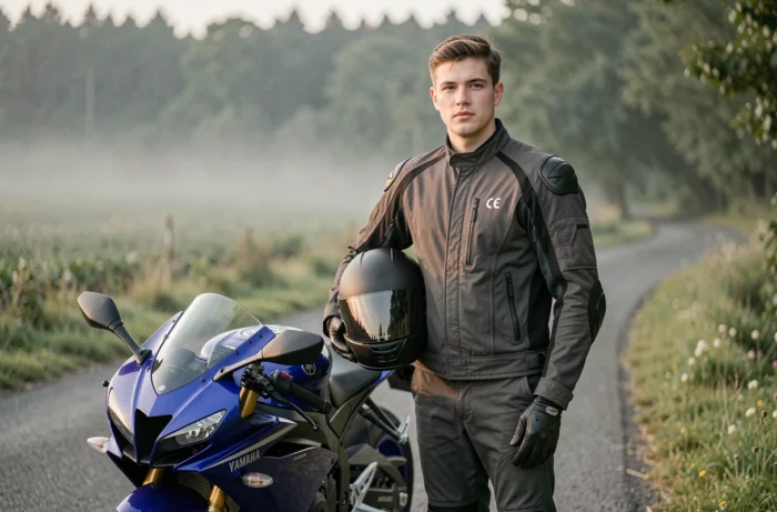 Jeune motard en équipement A2 posant avec une Yamaha R6 bridée sur une route de campagne française