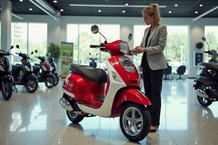 Femme examinant une moto 50cc rouge et blanche dans une concession moto moderne au sol carrelé brillant