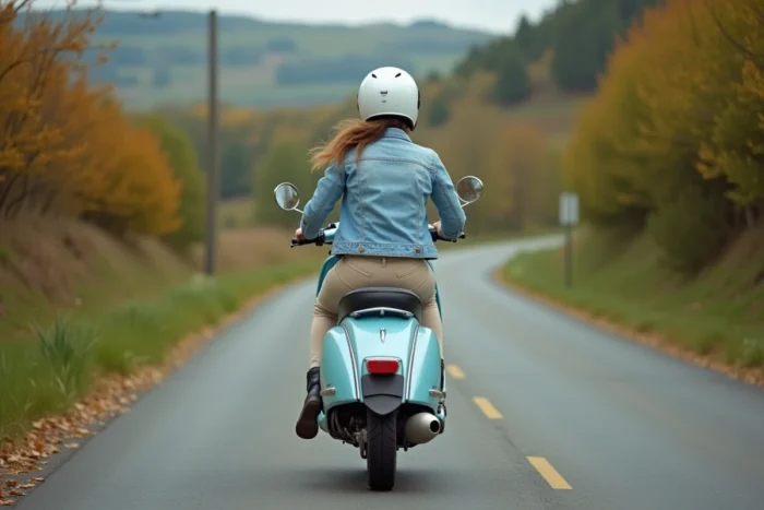 Jeune femme à moto 50cc bleue pastel sur une route de campagne française entourée de collines verdoyantes