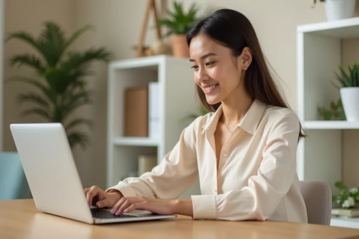 Jeune femme naviguant sur un site de garde d'enfants depuis son bureau à domicile