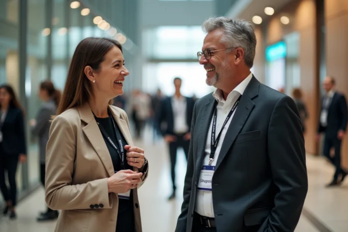 Deux professionnels B2B échangeant leurs contacts lors d'un événement de networking en conférence pour développer leur visibilité professionnelle