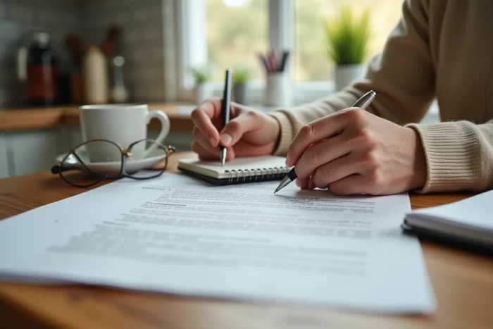 Mains d'une personne âgée prenant des notes sur le montant versé en cas de décès d'une assurance vie