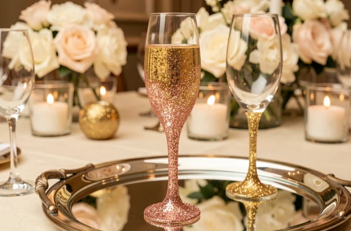 Flûte à champagne avec le pied recouvert de paillettes dorées rose gold scintillantes, posée sur un plateau miroir