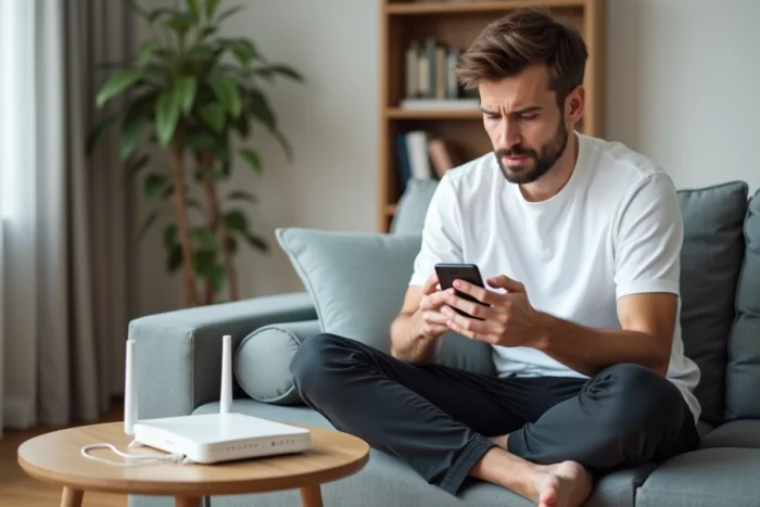 Jeune homme face à une panne internet tenant son téléphone pour activer un accès provisoire Free à domicile