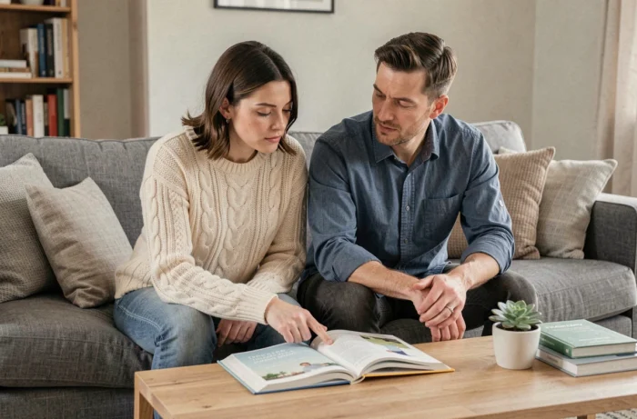 Couple de parents consultant un livre de conseils parentaux ensemble dans leur salon, partage et soutien au quotidien