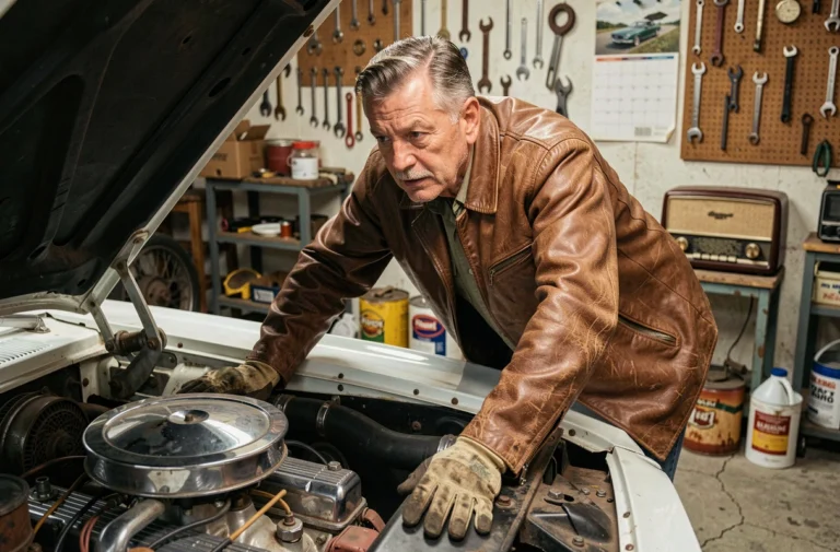 Passionné de voitures anciennes inspectant le moteur d'une Ford Mustang 1965 dans un garage vintage