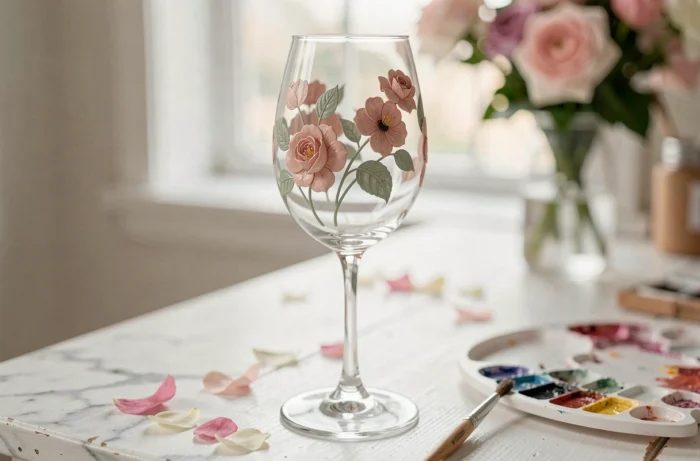Verre à vin orné de motifs floraux peints à la main en rose poudré et vert sauge sur fond de marbre blanc