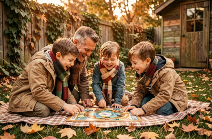 Père jouant à un jeu de société avec ses enfants sur une couverture dans le jardin en automne, moment de complicité familiale en plein air