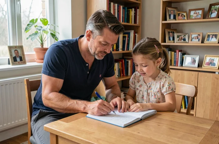 Père accompagnant sa fille dans ses devoirs à la maison, moment d'aide parentale dans un bureau familial