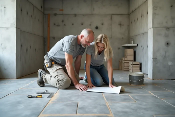 Couple posant des carreaux de grès cérame dans une salle de bain en cours de rénovation