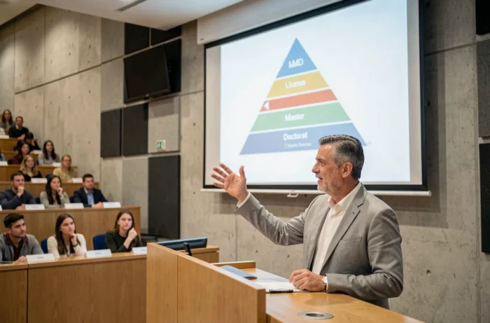 Professeur universitaire expliquant le système LMD devant un amphithéâtre d'étudiants