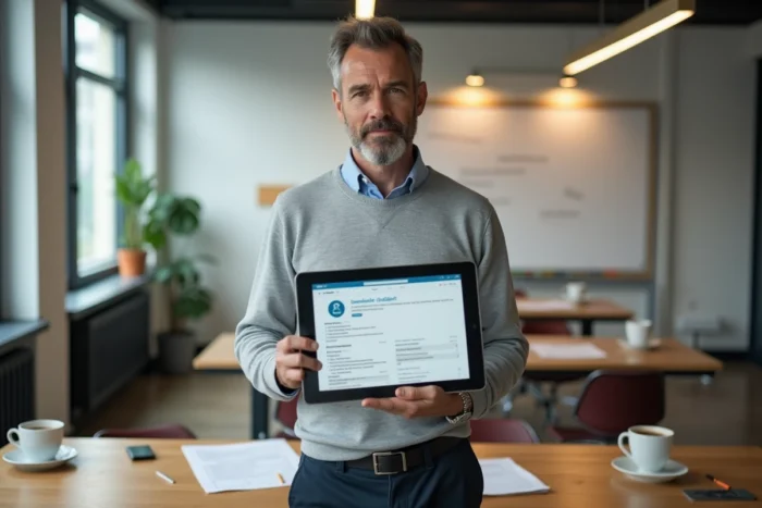 Professeur utilisant une tablette pour accéder à sa messagerie académique de l'académie de Créteil dans une salle des professeurs