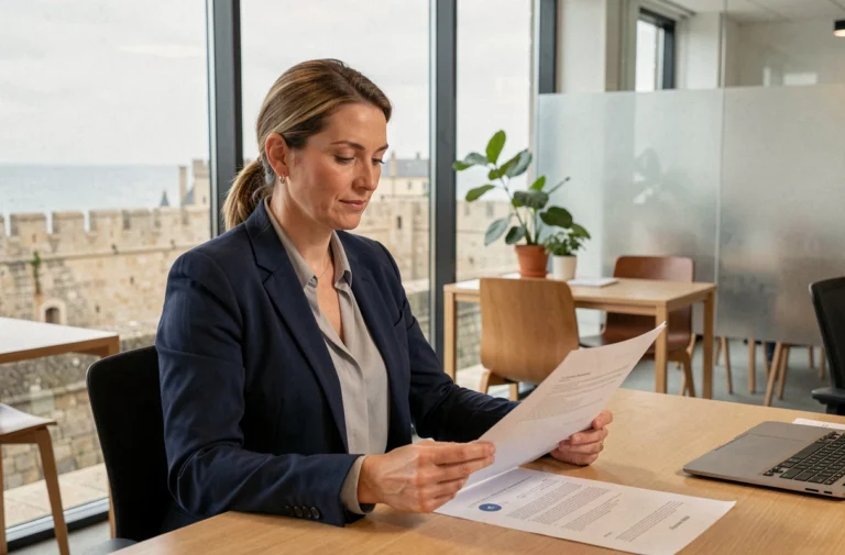 Professionnelle en blazer marine travaillant dans un espace de co-working moderne à Saint-Malo avec vue sur les remparts