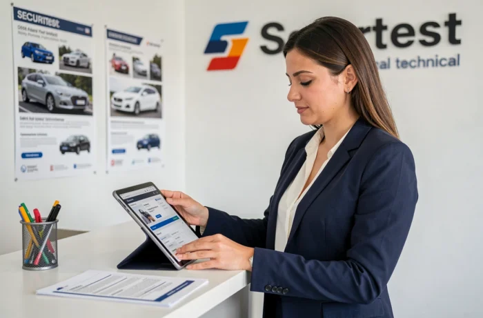 Professionnelle du contrôle technique utilisant une tablette pour accéder à un espace affilié de gestion dans un centre d'inspection automobile