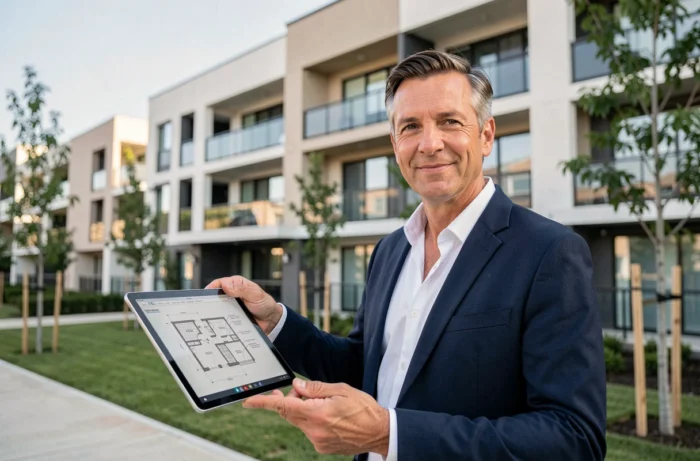 Promoteur immobilier fiable présentant un immeuble neuf avec tablette numérique devant le bâtiment