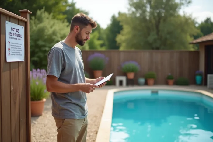 Propriétaire lisant un avis de restriction d'eau pour le remplissage de sa piscine dans son jardin