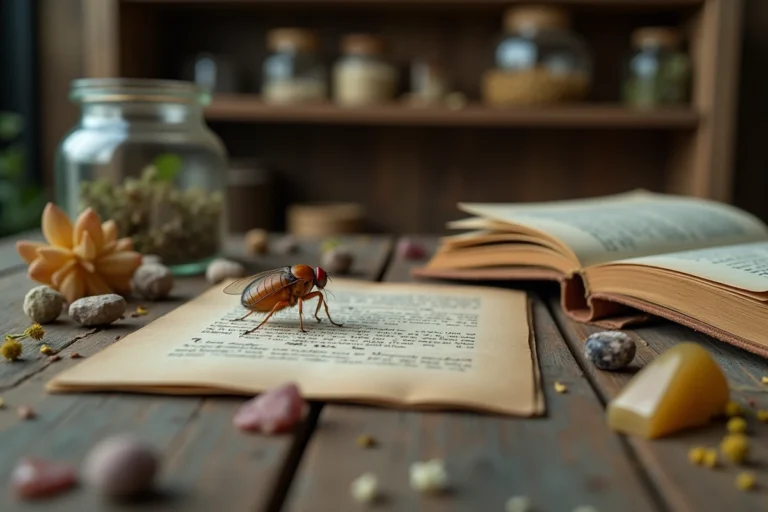 Puce en gros plan sur une table en bois ancienne entourée d'herbes séchées, cristaux et livre ouvert sur la symbolique spirituelle de la nature