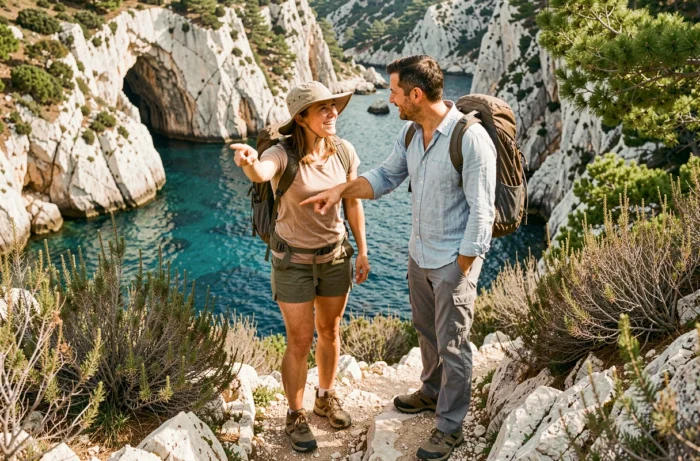 Deux randonneurs sur le sentier d'accès à la calanque de la Vesse avec vue sur la mer turquoise