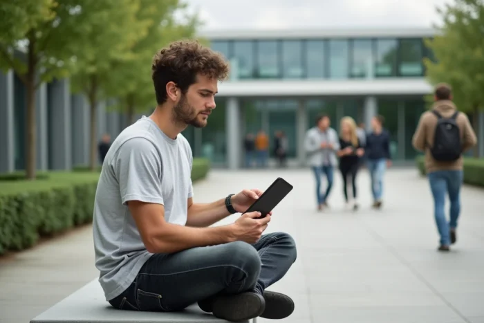 Jeune développeur utilisant une application de réalité augmentée sur le campus technologique de Rennes