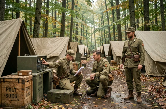 Reconstitution historique d'un camp militaire allié en forêt européenne avec équipements authentiques de la Seconde Guerre mondiale