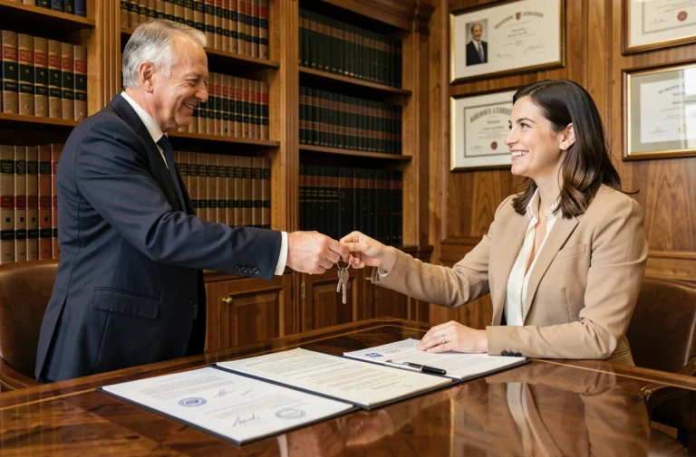 Notaire remettant les clés d'une maison à une nouvelle propriétaire après la signature de l'acte de vente chez le notaire