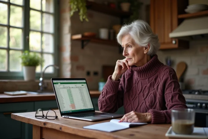 Femme retraitée consultant un simulateur viager Excel sur ordinateur portable dans une cuisine de maison de campagne