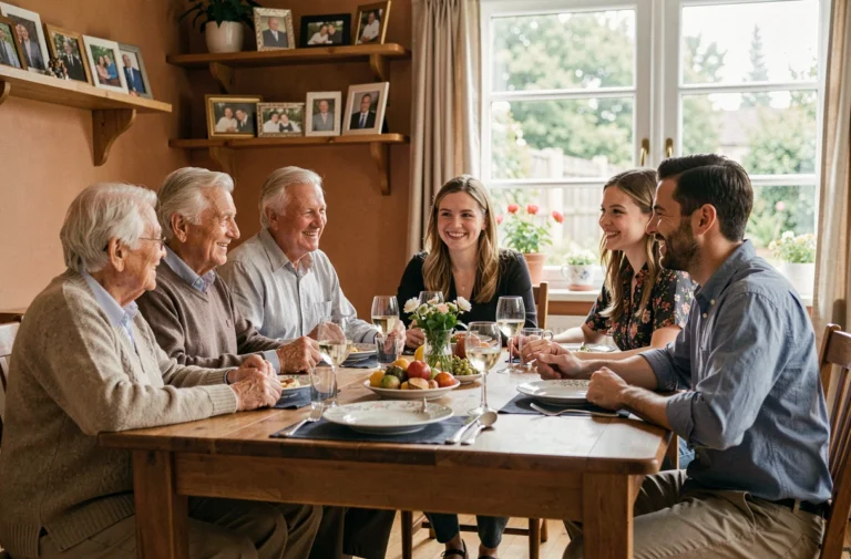Réunion de famille multigénérationnelle autour d'une grande table en bois, illustrant les liens familiaux et les relations entre membres de la famille élargie