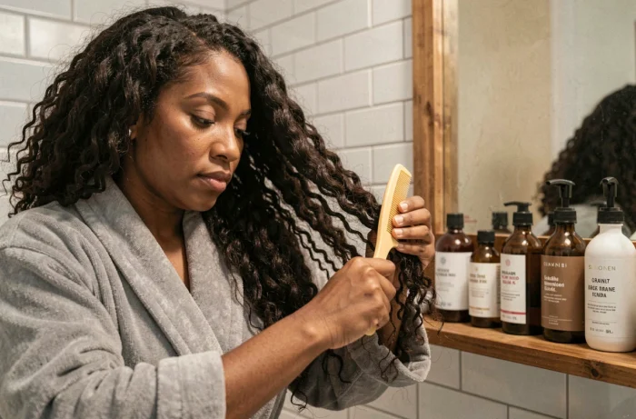 Femme noire aux cheveux crépus qui démêle soigneusement ses boucles avec un peigne à larges dents dans une salle de bain lumineuse