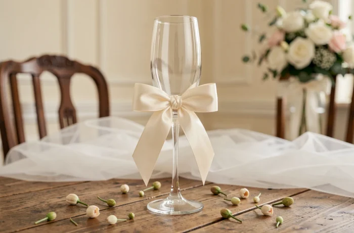 Flûte à champagne avec un nœud de ruban en satin ivoire noué autour du pied, posée sur une table en bois rustique