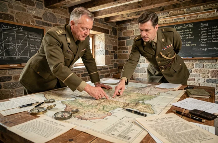 Officiers militaires alliés étudiant une carte topographique stratégique dans une salle de commandement de la Seconde Guerre mondiale
