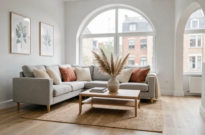 Salon moderne scandinave avec canapé en lin gris, coussins terracotta, table basse en bois et parquet en chêne clair