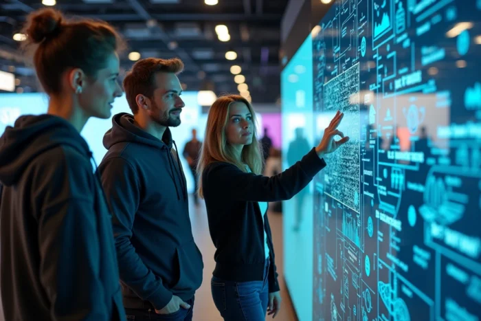 Professionnels découvrant des innovations en smart city lors d'un salon technologique à Rennes