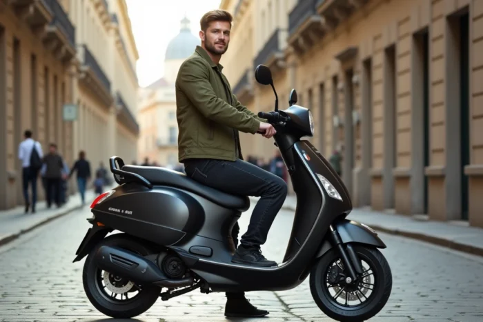 Scooter 50cc noir mat garé sur un trottoir en pavés dans une ville européenne avec un jeune homme en veste verte