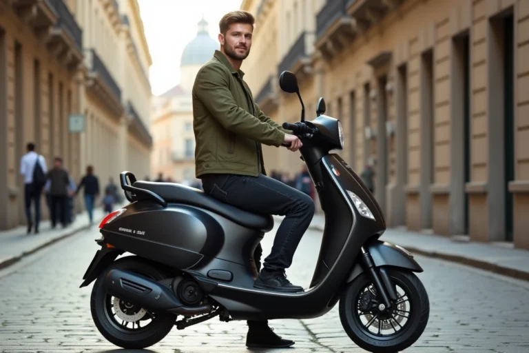 Scooter 50cc noir mat garé sur un trottoir en pavés dans une ville européenne avec un jeune homme en veste verte