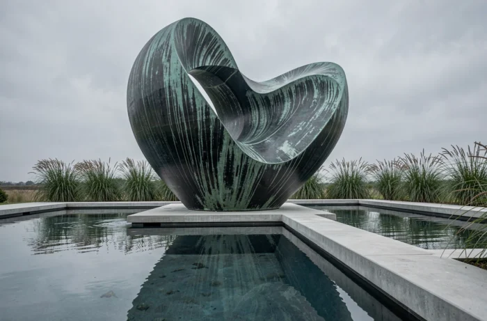 Sculpture abstraite en bronze XXL avec patine verte au bord d'une piscine de jardin contemporain minimaliste