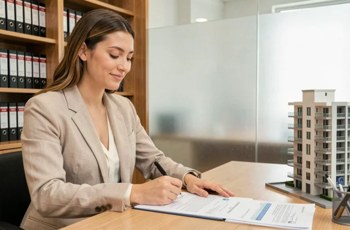 Jeune femme signant un contrat d'achat immobilier neuf dans un bureau de notaire moderne