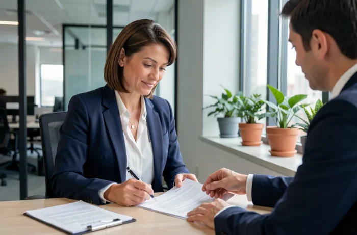 Femme signant un contrat de prêt immobilier avec un conseiller bancaire dans une agence moderne
