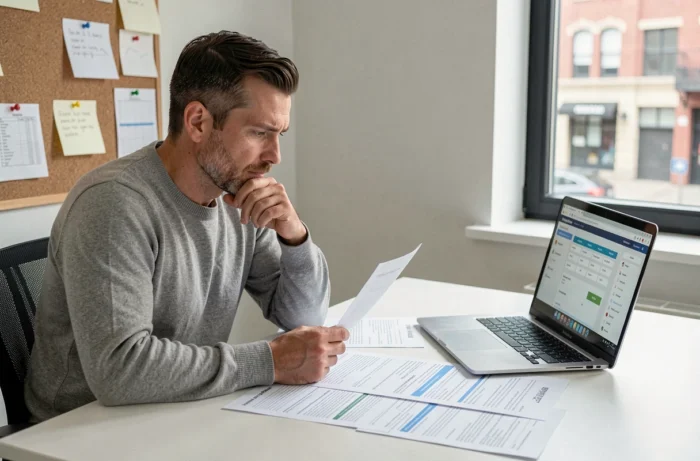 Homme comparant des simulations de crédit immobilier sur son bureau à domicile avec un ordinateur portable