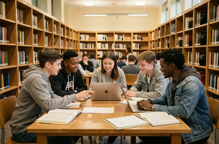 Groupe d'étudiants universitaires diversifiés travaillant ensemble autour d'une table en bibliothèque, illustrant la solidarité et l'entraide étudiante