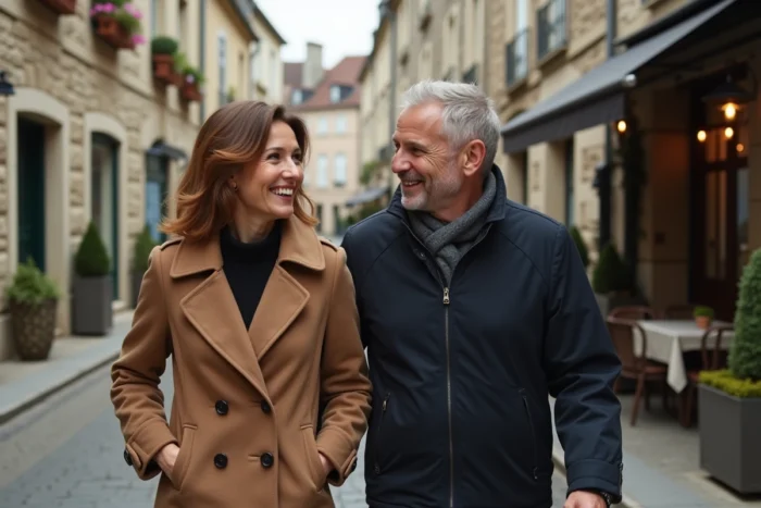 Couple partageant une promenade complice dans les rues pittoresques d'une ville de province française loin des caméras