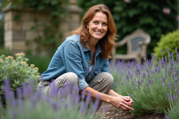 Femme épanouie jardinant dans un jardin privé français, symbole d'une vie loin des projecteurs et proche de la nature
