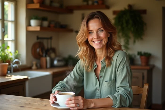 Sophie Jovillard dans un moment de vie authentique et intimiste dans une cuisine de maison de campagne française
