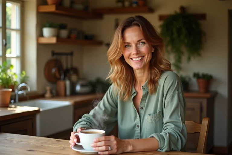 Sophie Jovillard dans un moment de vie authentique et intimiste dans une cuisine de maison de campagne française