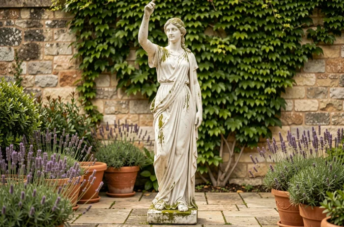 Statue de déesse grecque en marbre blanc XXL dans un jardin de villa avec lavandes et mur en pierre