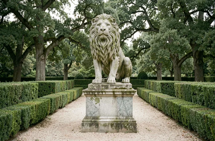 Grande statue de lion en pierre sur socle de granit dans un jardin formel français avec haies de buis taillées