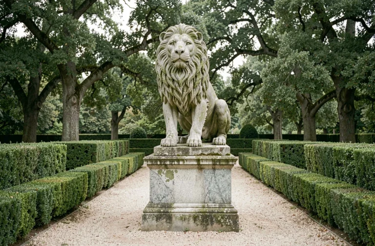 Grande statue de lion en pierre sur socle de granit dans un jardin formel français avec haies de buis taillées