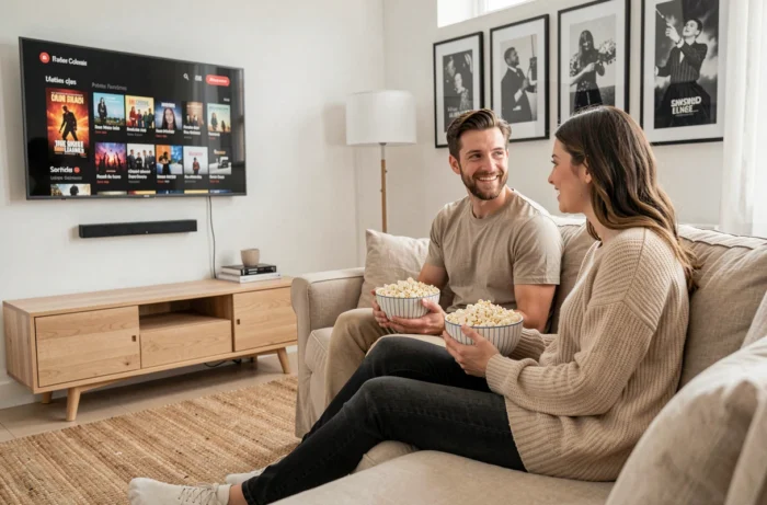 Deux amis regardant ensemble des films en streaming gratuit sur leur télévision dans un appartement